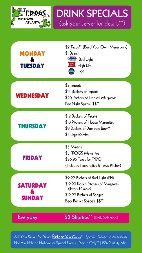 Frogs Food & Drink Specials - Atlanta, GA
